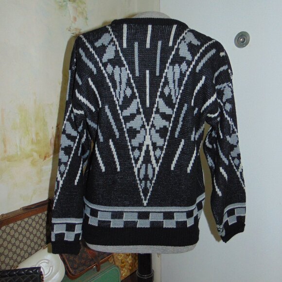 Vintage 80s Wayne Scott Sweater Men's Hand Knit Leather Black White Retro Large - Picture 6 of 10
